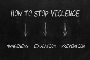 How to Stop Violence diagram including Awareness, Education and Prevention on blackboard.