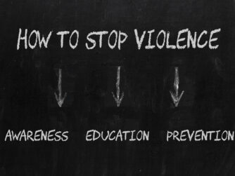 How to Stop Violence diagram including Awareness, Education and Prevention on blackboard.