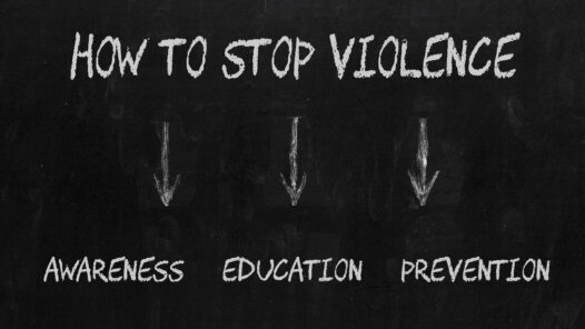 How to Stop Violence diagram including Awareness, Education and Prevention on blackboard.