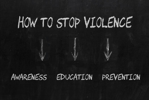 How to Stop Violence diagram including Awareness, Education and Prevention on blackboard.