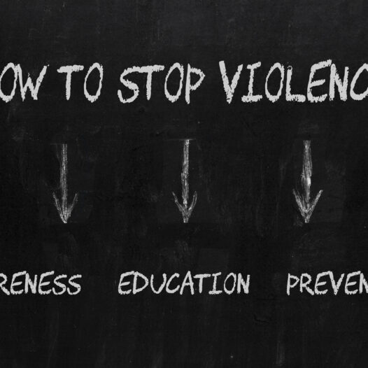 How to Stop Violence diagram including Awareness, Education and Prevention on blackboard.