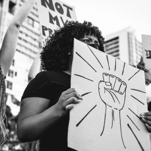 Demonstrators from different cultures and race protest on street for equal rights