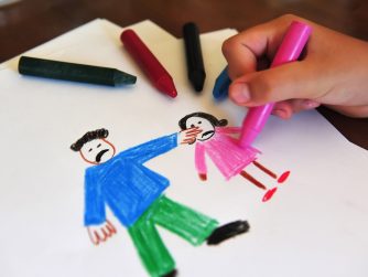 Crayon drawing of child and adult with the adult pointing angrily at the child.
