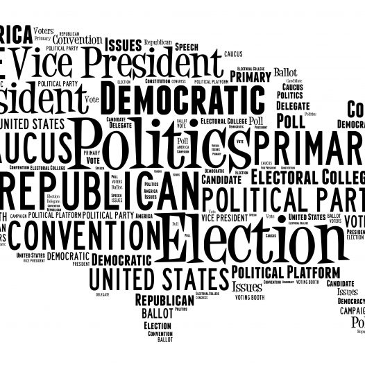 Word Cloud in the shape of the United States showing words dealing with elections