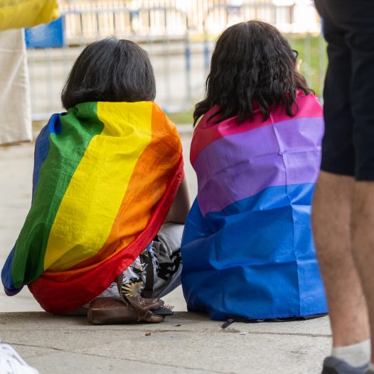 LGBTI, a couple enveloped in LGBT and bisexual flags at the gay pride parade