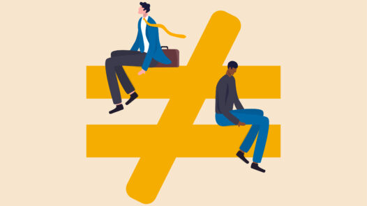 Human inequality and injustice, discrimination and racism as global social issue concept, upper class business man sitting on top of injustice, unfairness symbol with person of color at the bottom.