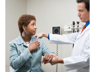 Black middle class woman being examined by white male doctor.
