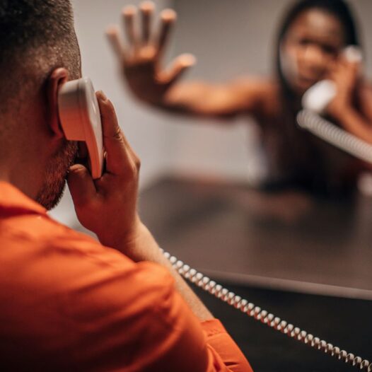 Incarcerated black male talking to spouse on prison phone.