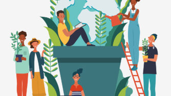 Drawing of people sitting in and amongst a planter with the image of the globe in the background supportive of environmental advocacy.