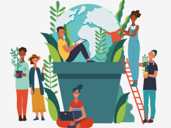 Drawing of people sitting in and amongst a planter with the image of the globe in the background supportive of environmental advocacy.