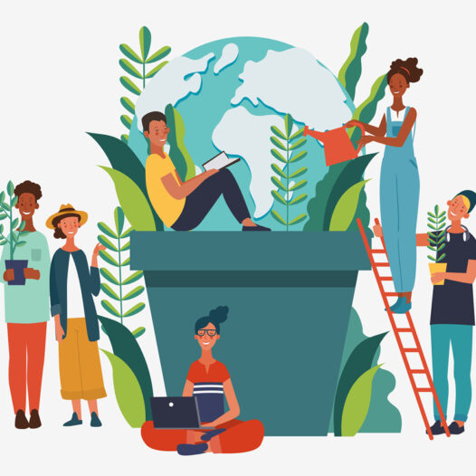 Drawing of people sitting in and amongst a planter with the image of the globe in the background supportive of environmental advocacy.