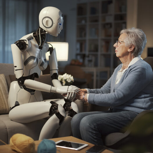 Elderly white woman sitting in her living room confiding to an AI driven robot.