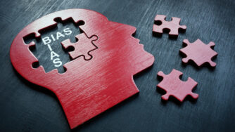 Cut out shape of a head with puzzle pieces missing from the mind. With bias written to indicate the bias of mental health diagnosis.