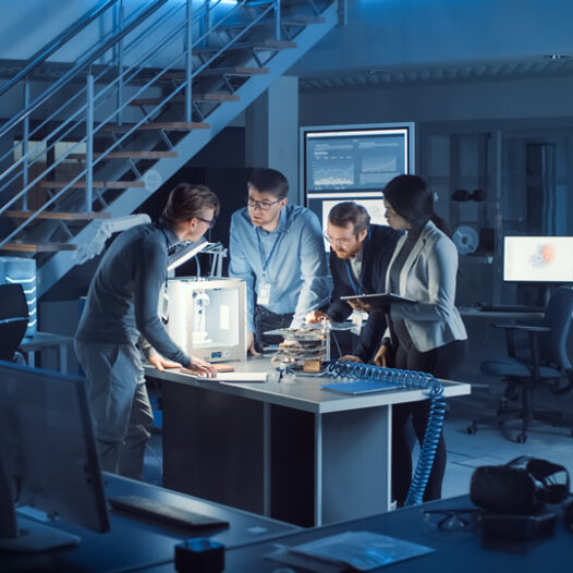 Production designers discussing the design of new technologies in a high tech computing environment.