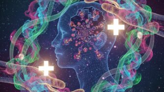 Psychedelic drawing of the mind being embraced by two hands in a helpful gesture.