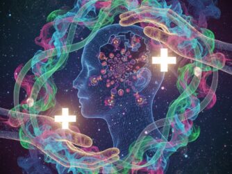 Psychedelic drawing of the mind being embraced by two hands in a helpful gesture.