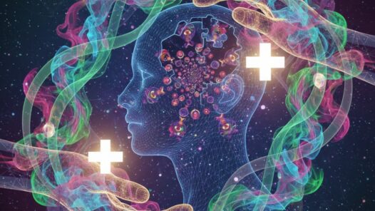 Psychedelic drawing of the mind being embraced by two hands in a helpful gesture.