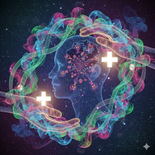 Psychedelic drawing of the mind being embraced by two hands in a helpful gesture.