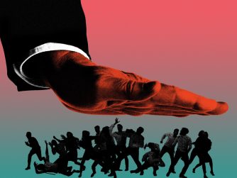 Large hand pushing down and oppressing a group of people.