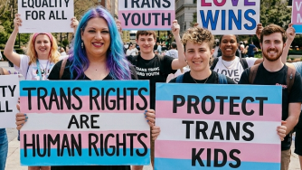 Activists holding signs that support transgender rights.