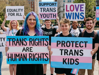 Activists holding signs that support transgender rights.