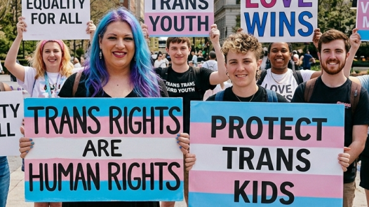 Activists holding signs that support transgender rights.
