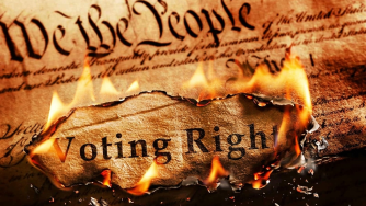 Picture of the Constitution with "Voting Rights" on fire.