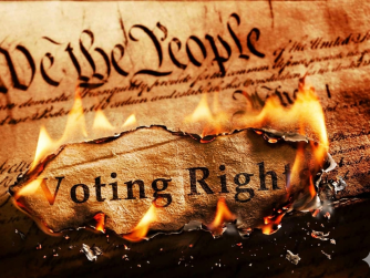 Picture of the Constitution with "Voting Rights" on fire.